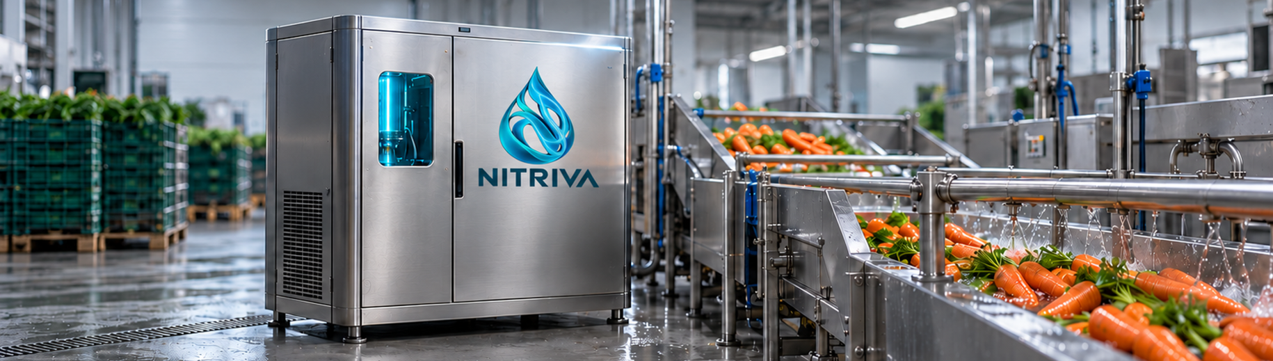 Conceptual visualisation of a stainless steel Nitriva Systems unit beside a conveyor washing carrots in a fresh-produce packing hall.